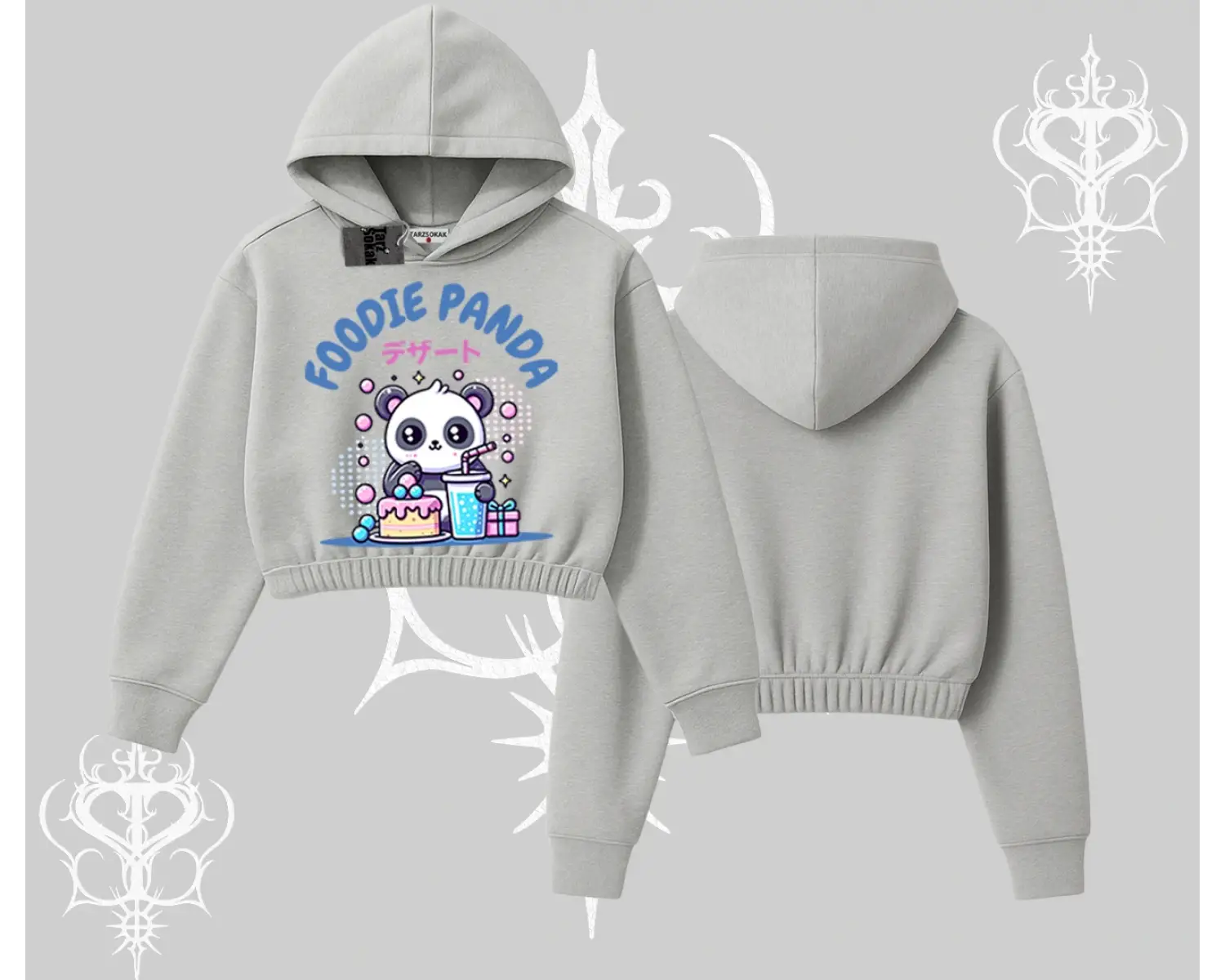 Kapşonlu Crop Sweatshirt Foodie Panda Tatlı ve Sevimli Panda Baskılı