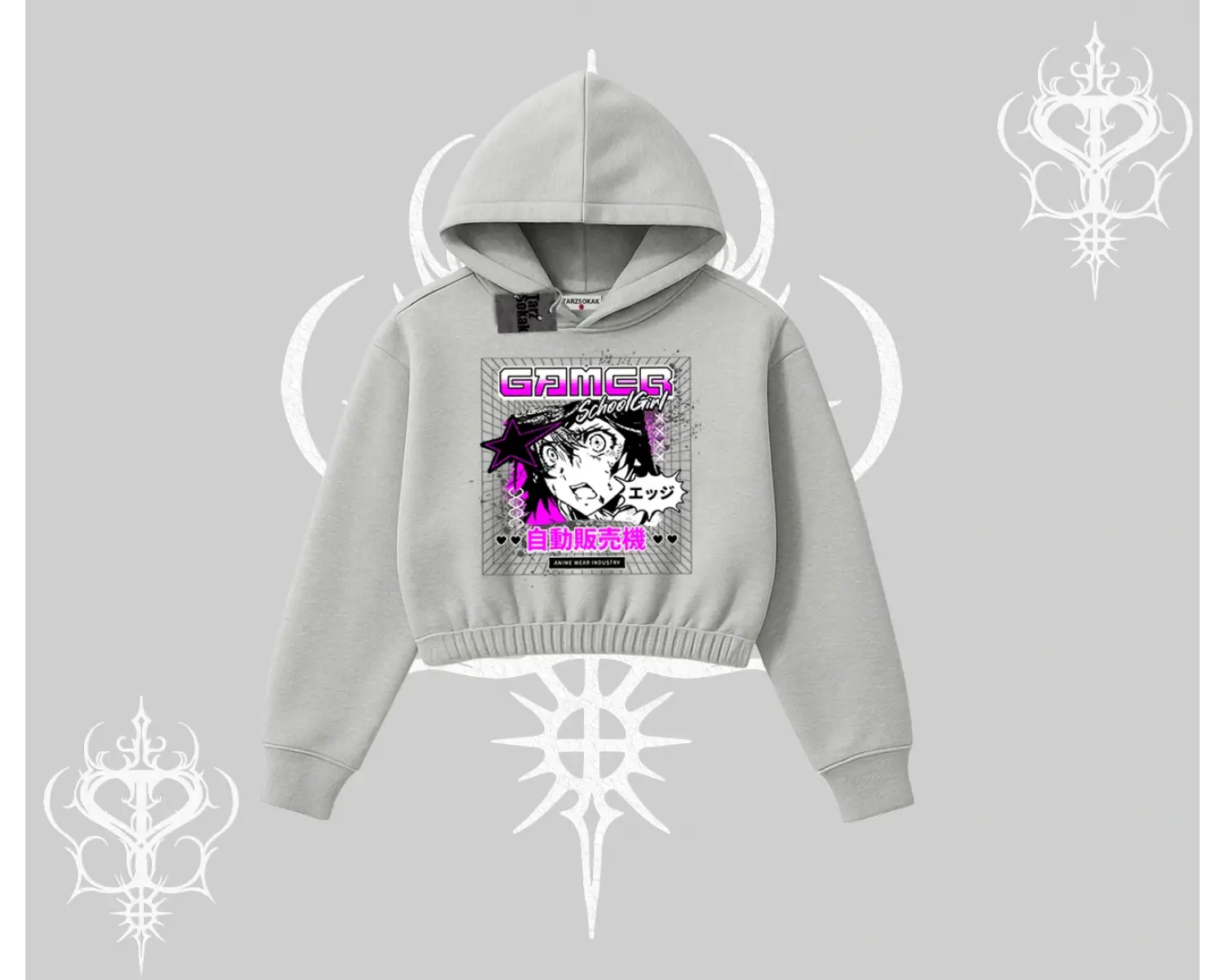 Kapşonlu Crop Sweatshirt Games Schoolgirl Anime Baskılı