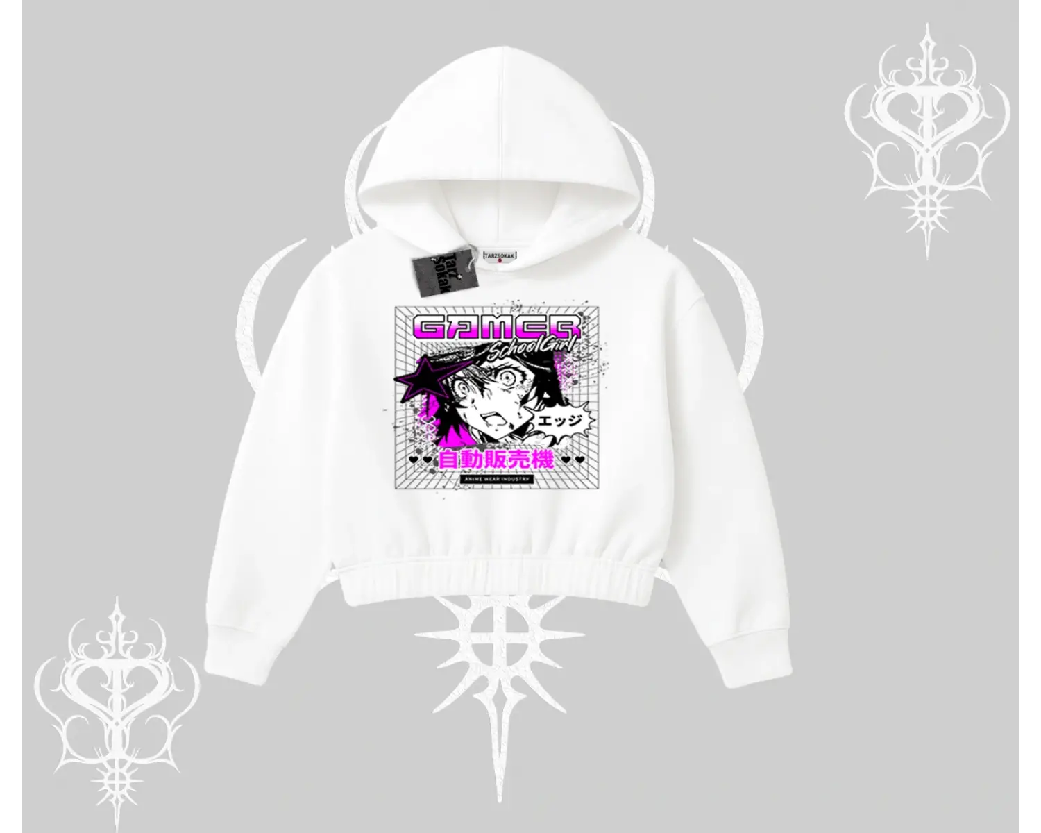 Kapşonlu Crop Sweatshirt Games Schoolgirl Anime Baskılı