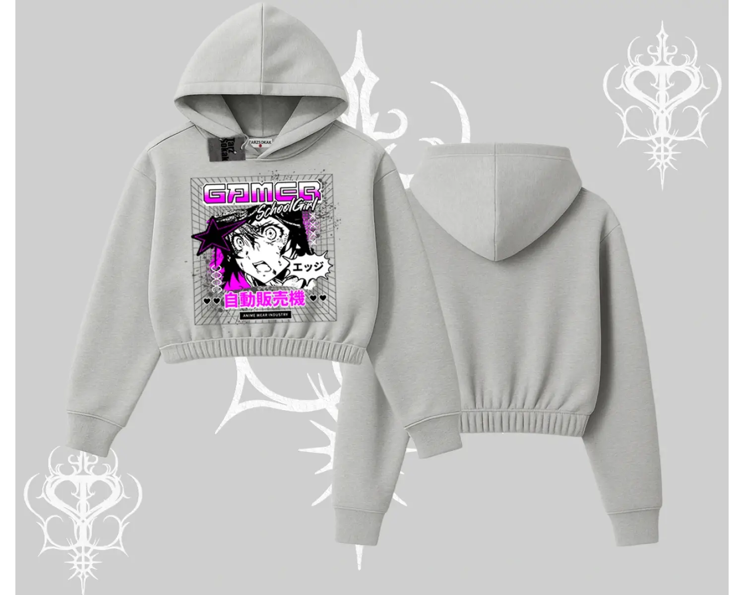 Kapşonlu Crop Sweatshirt Games Schoolgirl Anime Baskılı