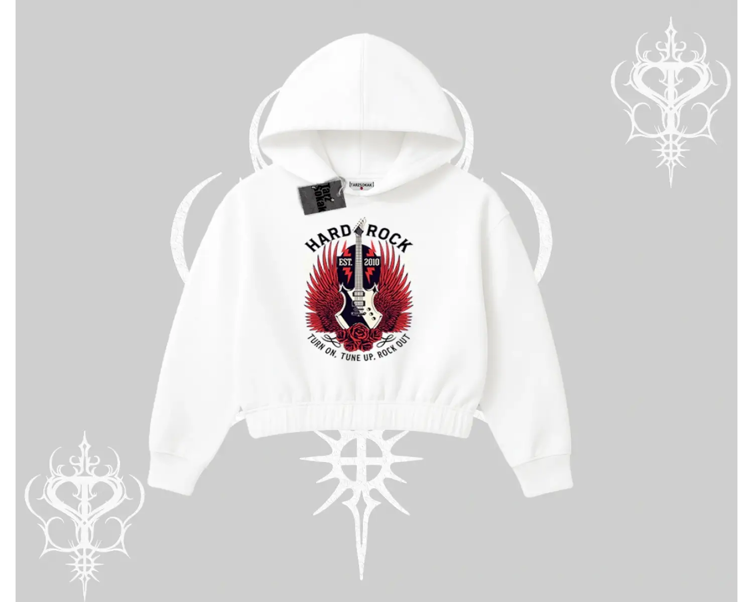 Kapşonlu Crop Sweatshirt Hard Rock Winged Guitar Rebellion