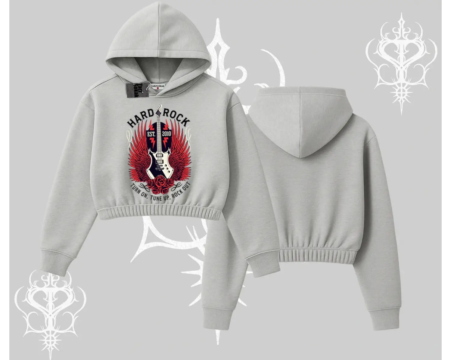 Kapşonlu Crop Sweatshirt Hard Rock Winged Guitar Rebellion