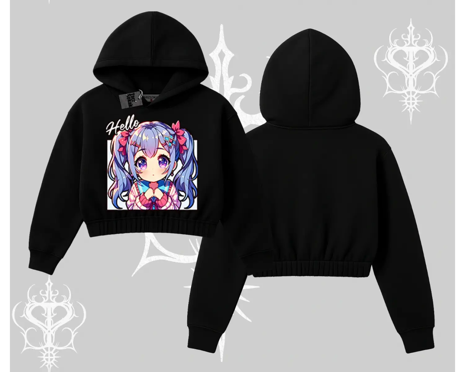 Kapşonlu Crop Sweatshirt Hello Anime Kız Sevimli Karakter Baskılı