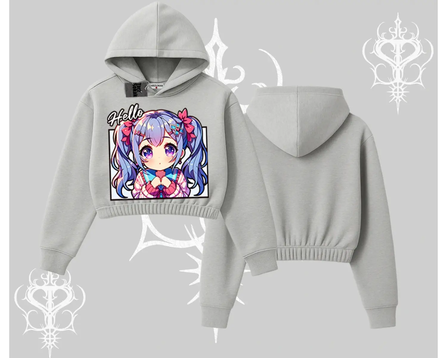 Kapşonlu Crop Sweatshirt Hello Anime Kız Sevimli Karakter Baskılı