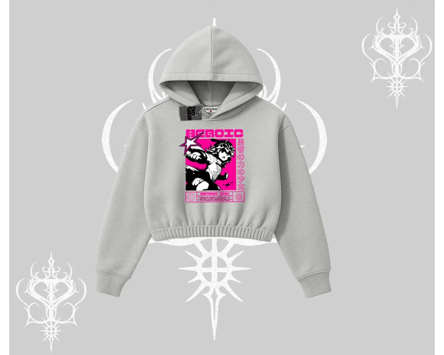 Kapşonlu Crop Sweatshirt Heroic Anime Girl Japon Stil Grafik Baskılı