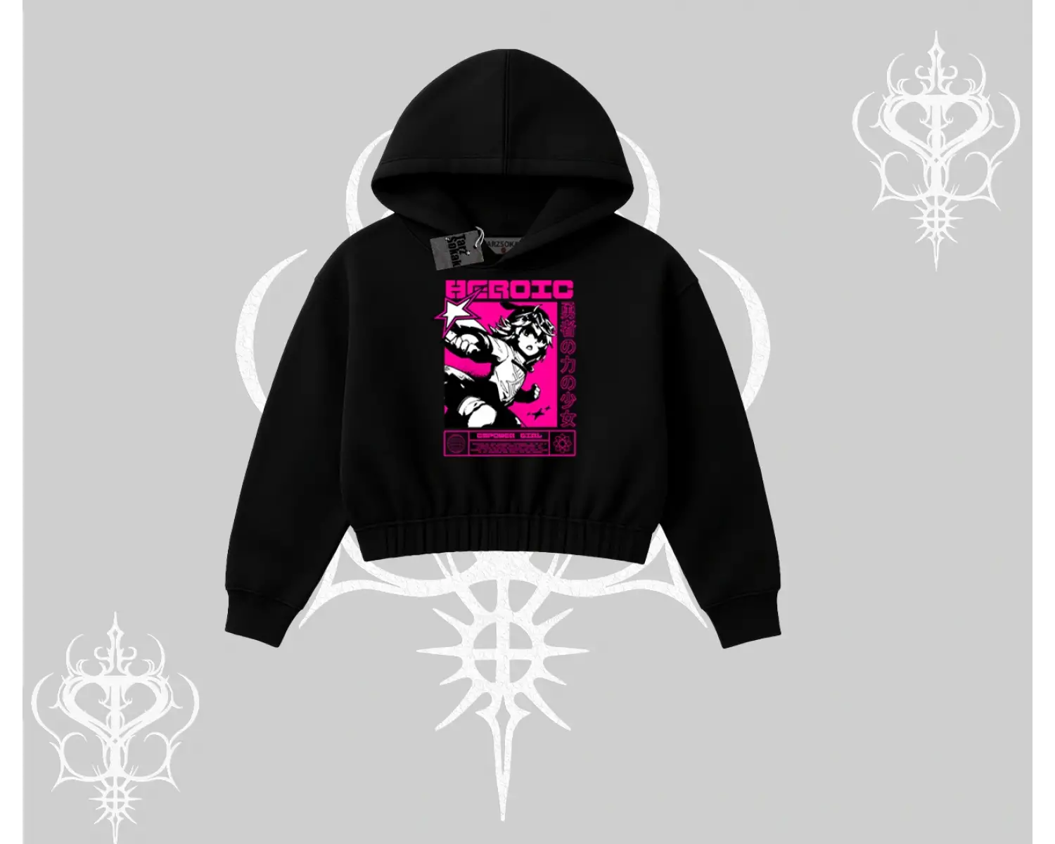 Kapşonlu Crop Sweatshirt Heroic Anime Girl Japon Stil Grafik Baskılı