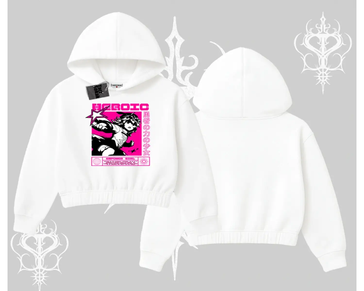 Kapşonlu Crop Sweatshirt Heroic Anime Girl Japon Stil Grafik Baskılı