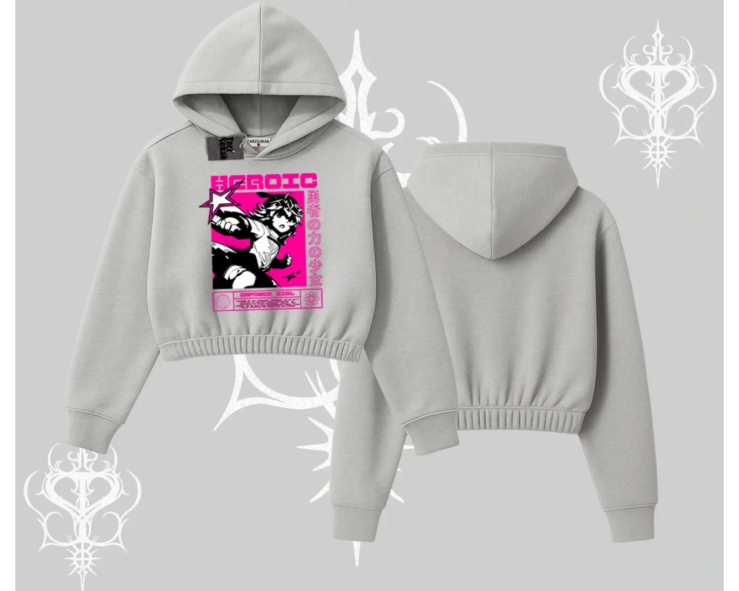 Kapşonlu Crop Sweatshirt Heroic Anime Girl Japon Stil Grafik Baskılı