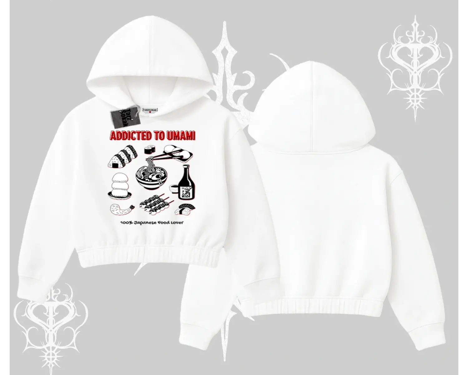 Kapşonlu Crop Sweatshirt Japon Mutfağı Umami Temalı Baskılı