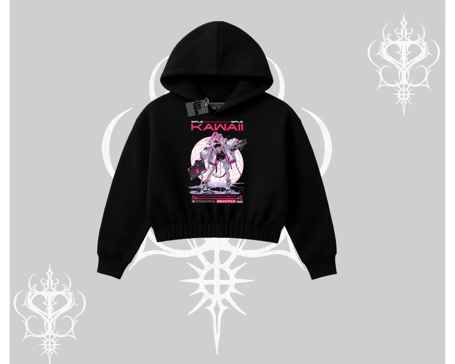 Kapşonlu Crop Sweatshirt Kawaii Cyberpunk Kız Japon Stil Baskı