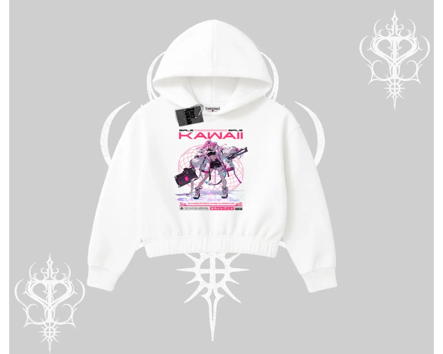 Kapşonlu Crop Sweatshirt Kawaii Cyberpunk Kız Japon Stil Baskı