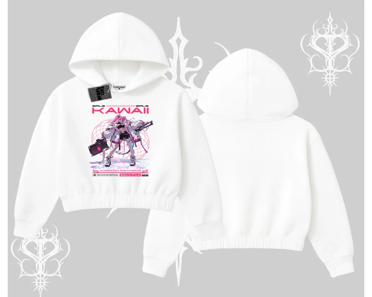 Kapşonlu Crop Sweatshirt Kawaii Cyberpunk Kız Japon Stil Baskı