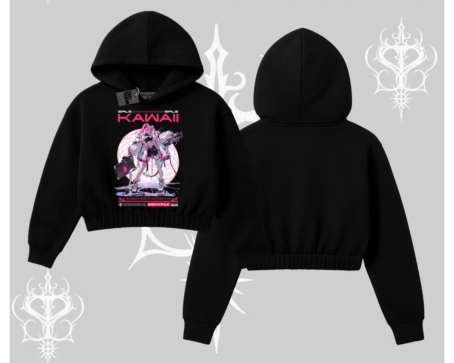 Kapşonlu Crop Sweatshirt Kawaii Cyberpunk Kız Japon Stil Baskı
