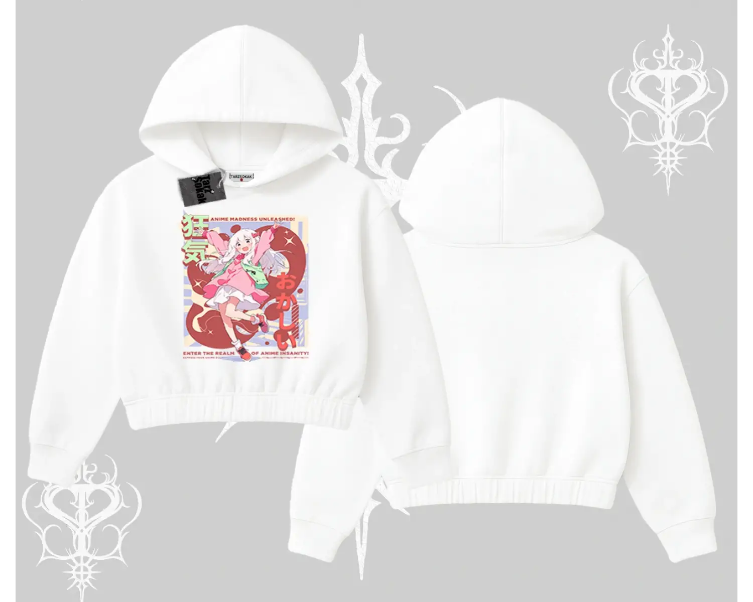 Kapşonlu Crop Sweatshirt Madness Unleashed Anime Girl Baskılı