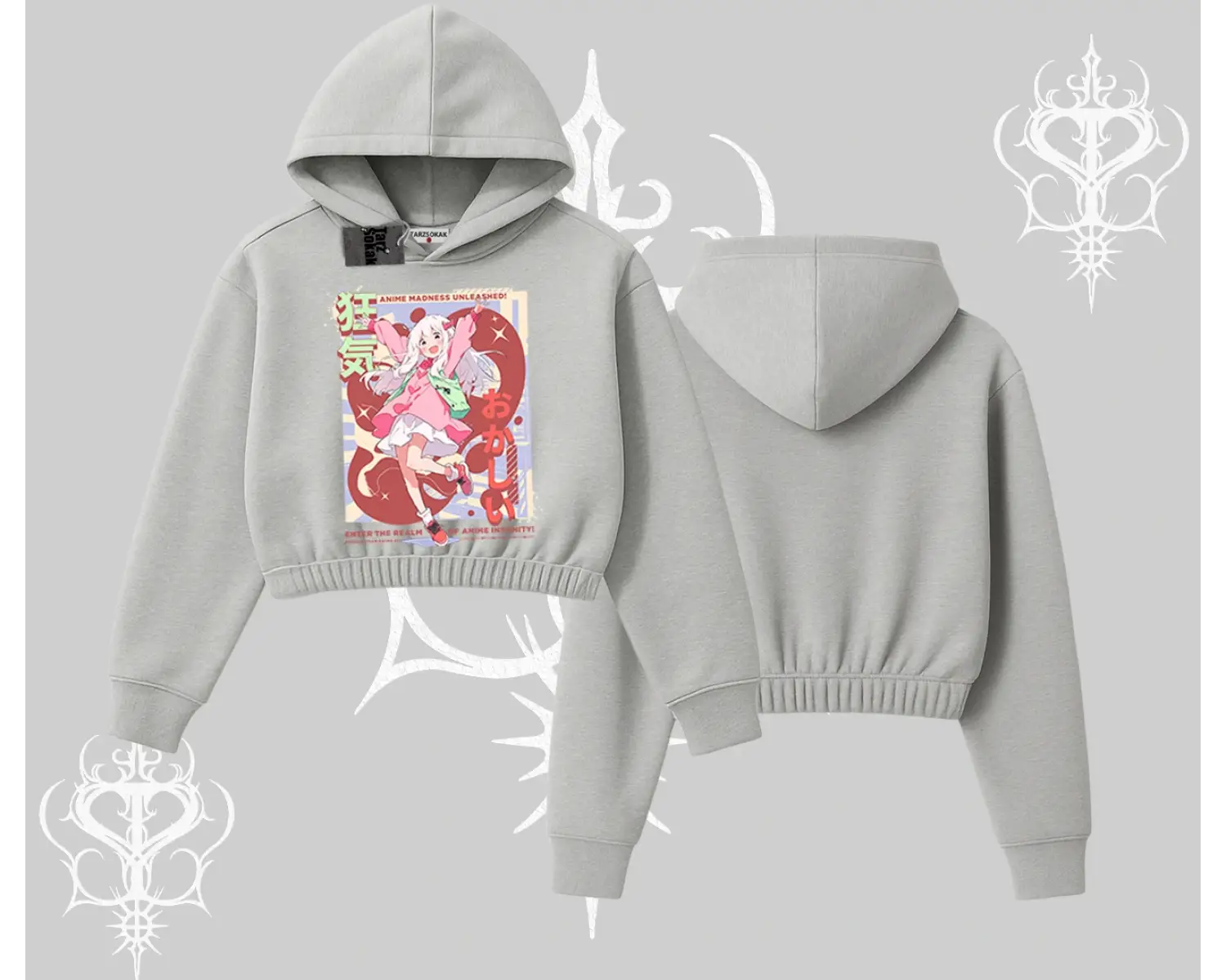 Kapşonlu Crop Sweatshirt Madness Unleashed Anime Girl Baskılı