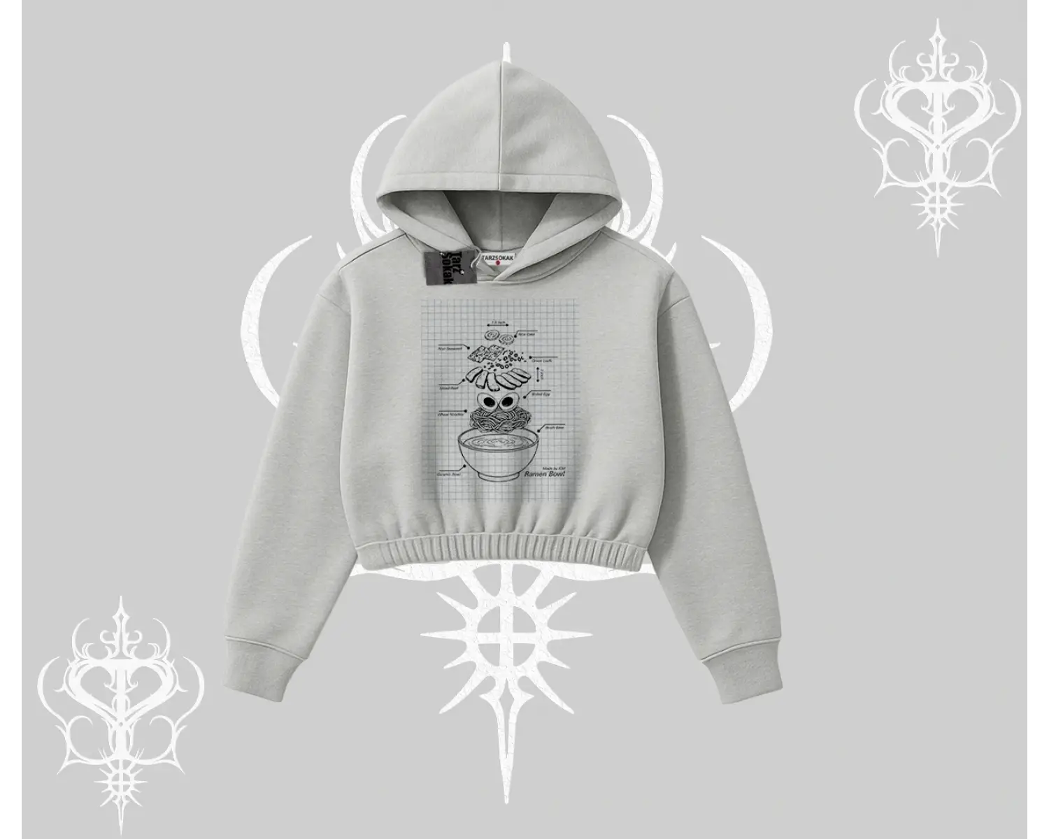 Kapşonlu Crop Sweatshirt Noodle Theory Hand Drawn Concept