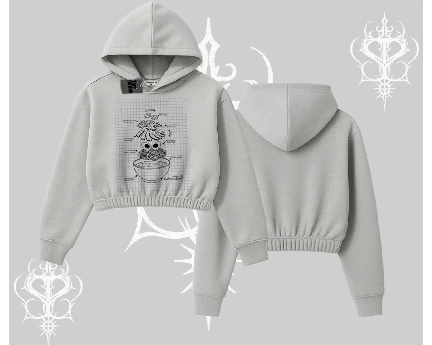 Kapşonlu Crop Sweatshirt Noodle Theory Hand Drawn Concept
