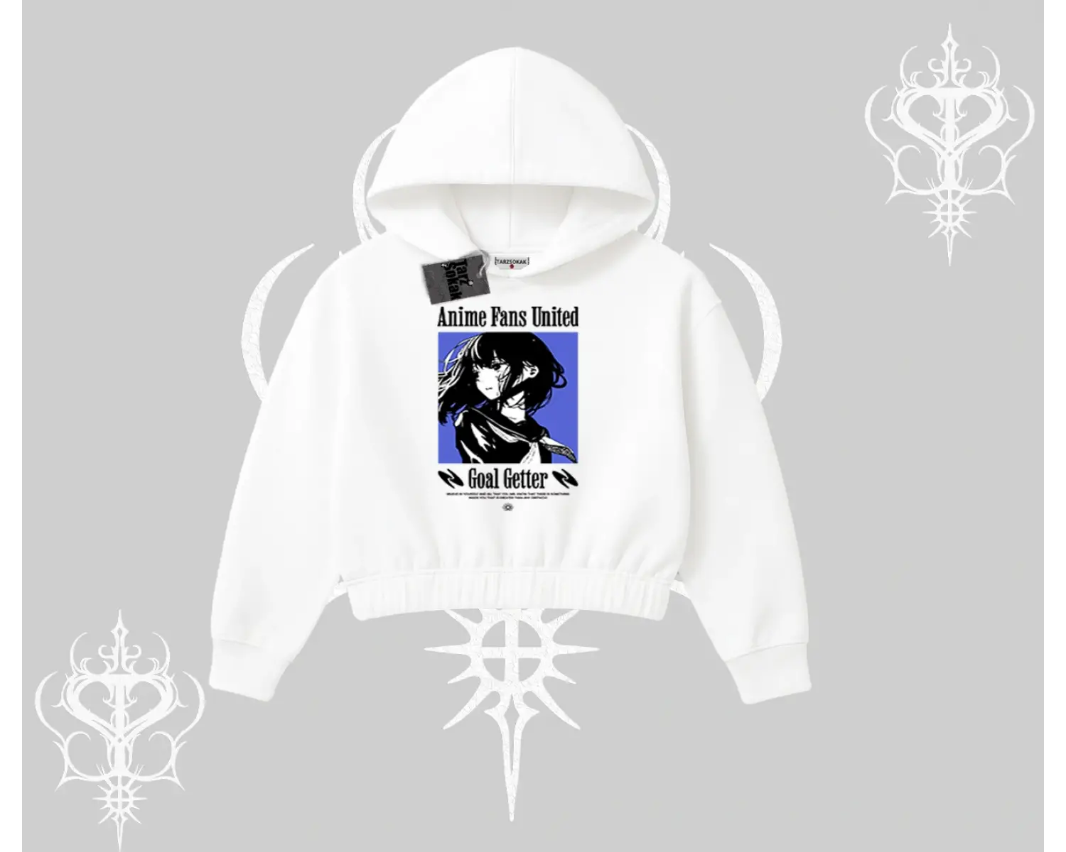 Kapşonlu Crop Sweatshirt Oversize Anime Kız Baskılı