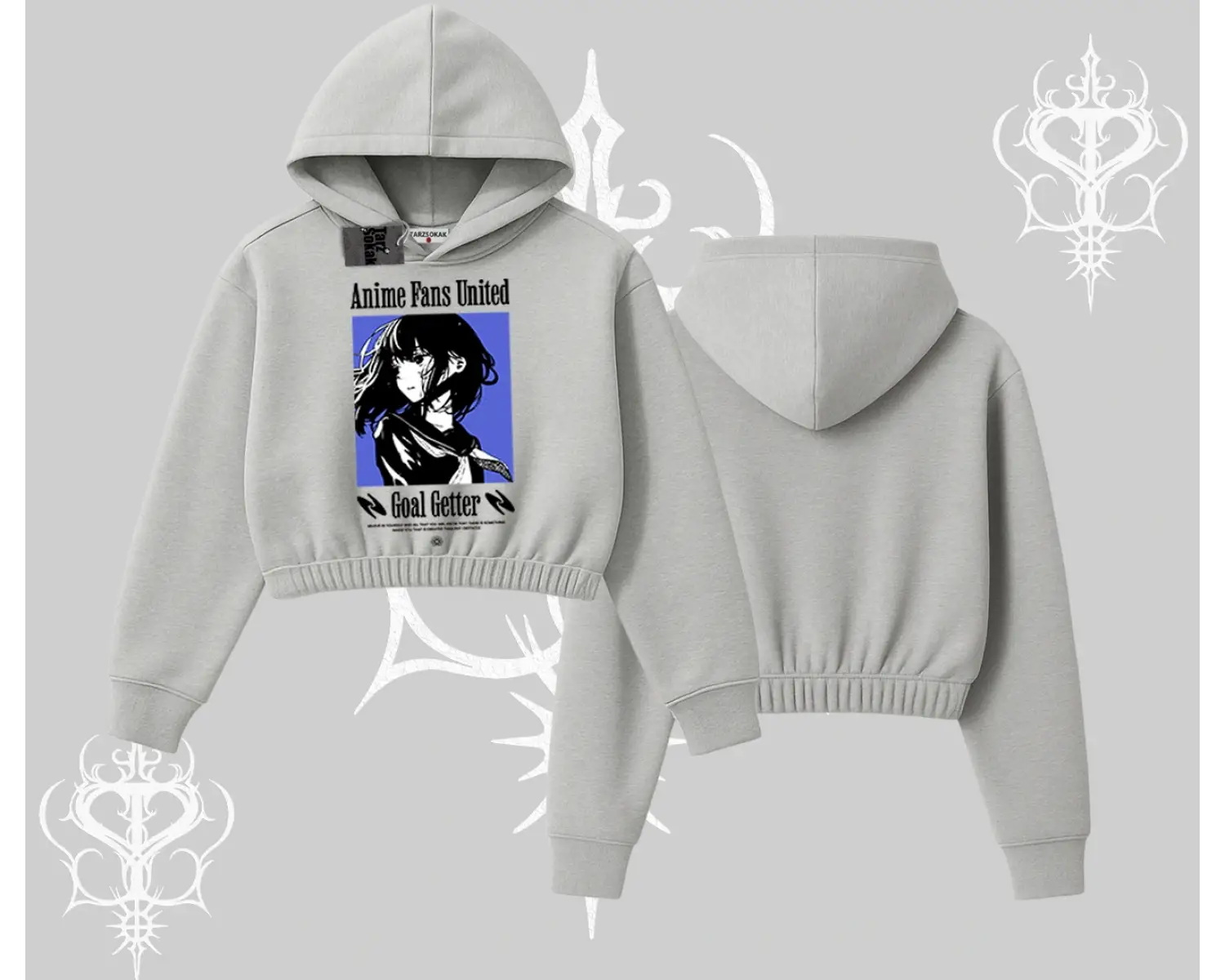 Kapşonlu Crop Sweatshirt Oversize Anime Kız Baskılı