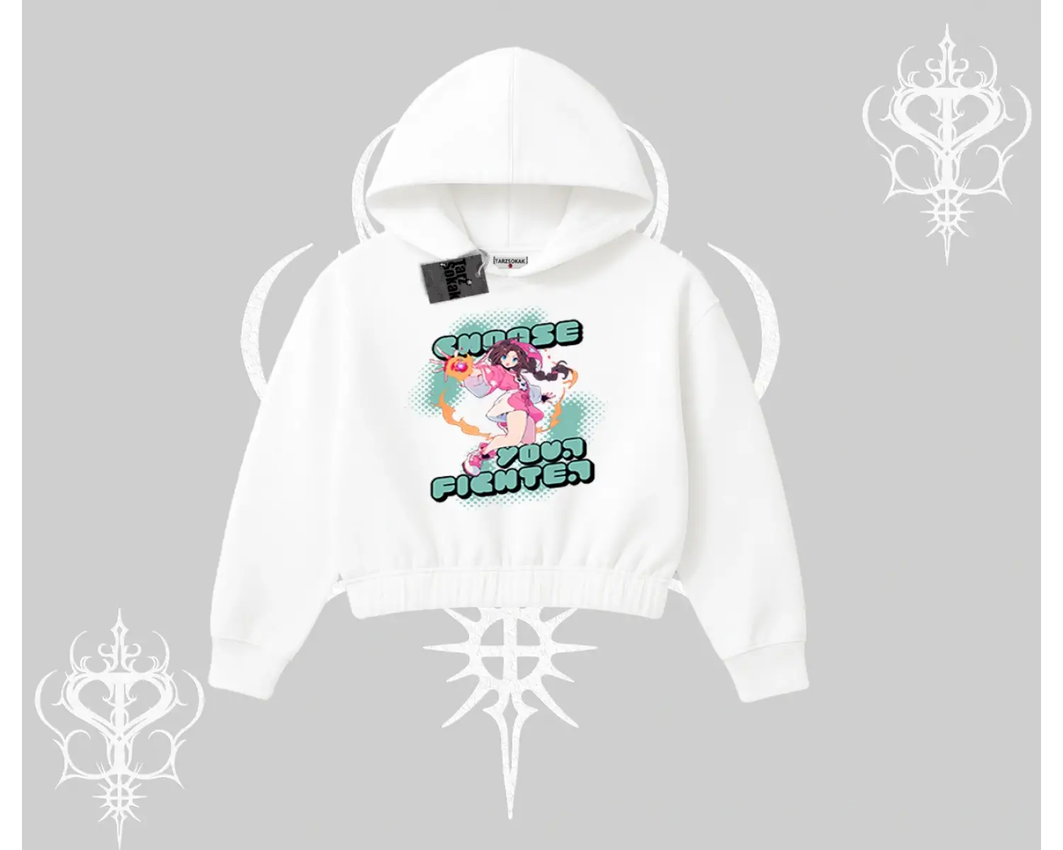 Kapşonlu Crop Sweatshirt Oversize  Anime Kız Desenli Japon Stil