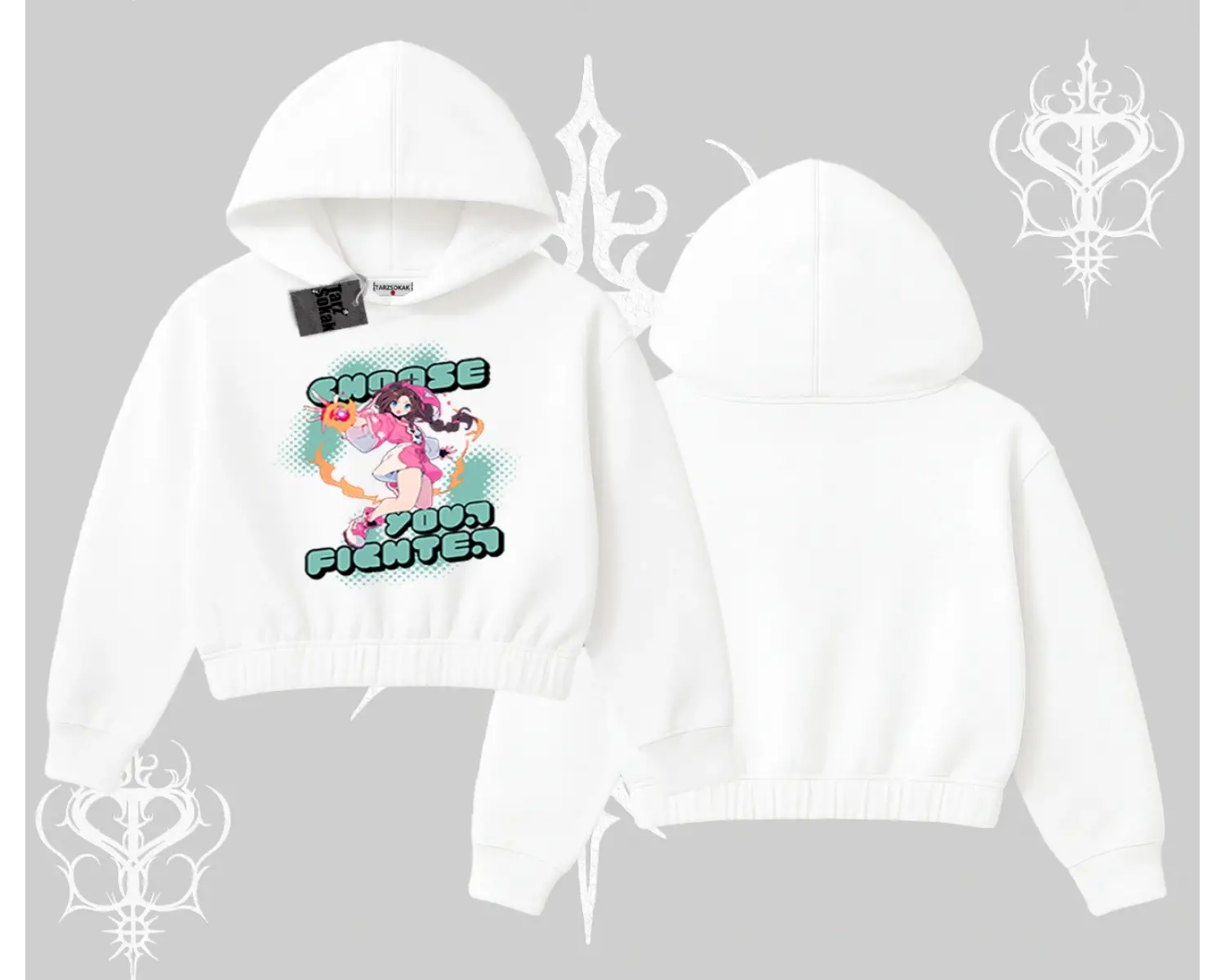 Kapşonlu Crop Sweatshirt Oversize  Anime Kız Desenli Japon Stil