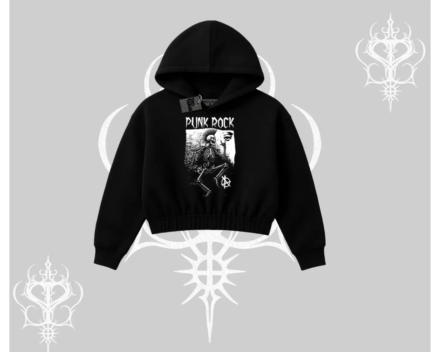 Kapşonlu Crop Sweatshirt Punk Rock Chaos Skeleton Riot