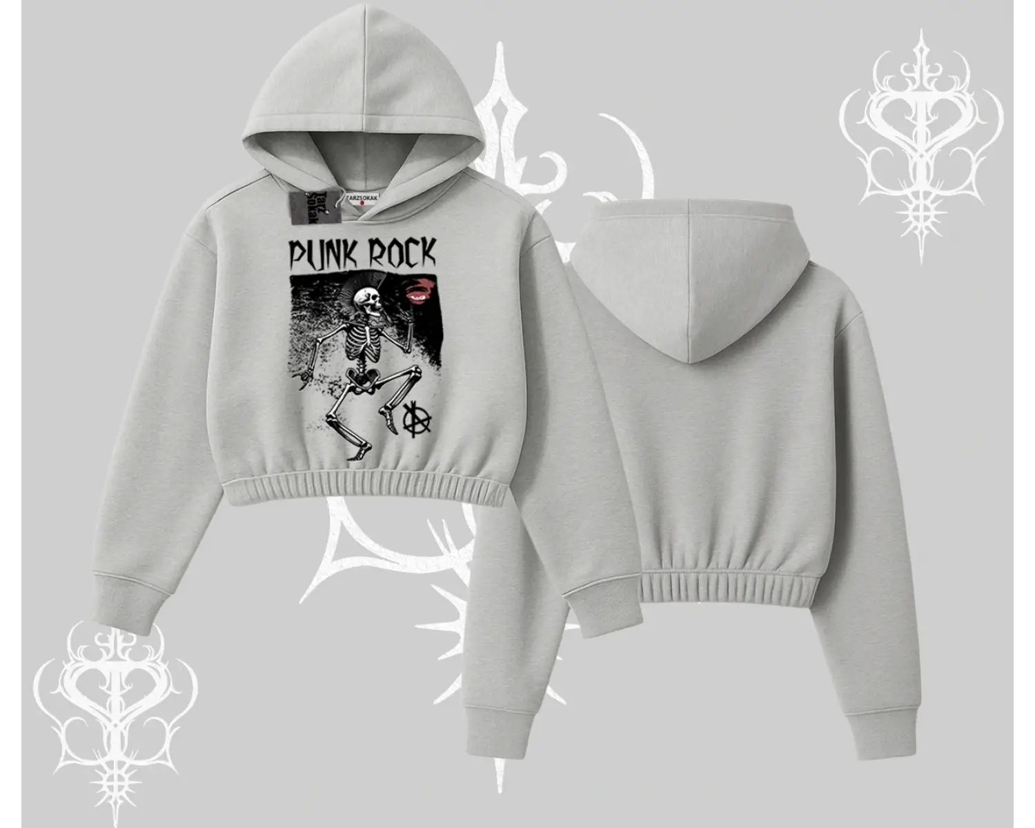 Kapşonlu Crop Sweatshirt Punk Rock Chaos Skeleton Riot