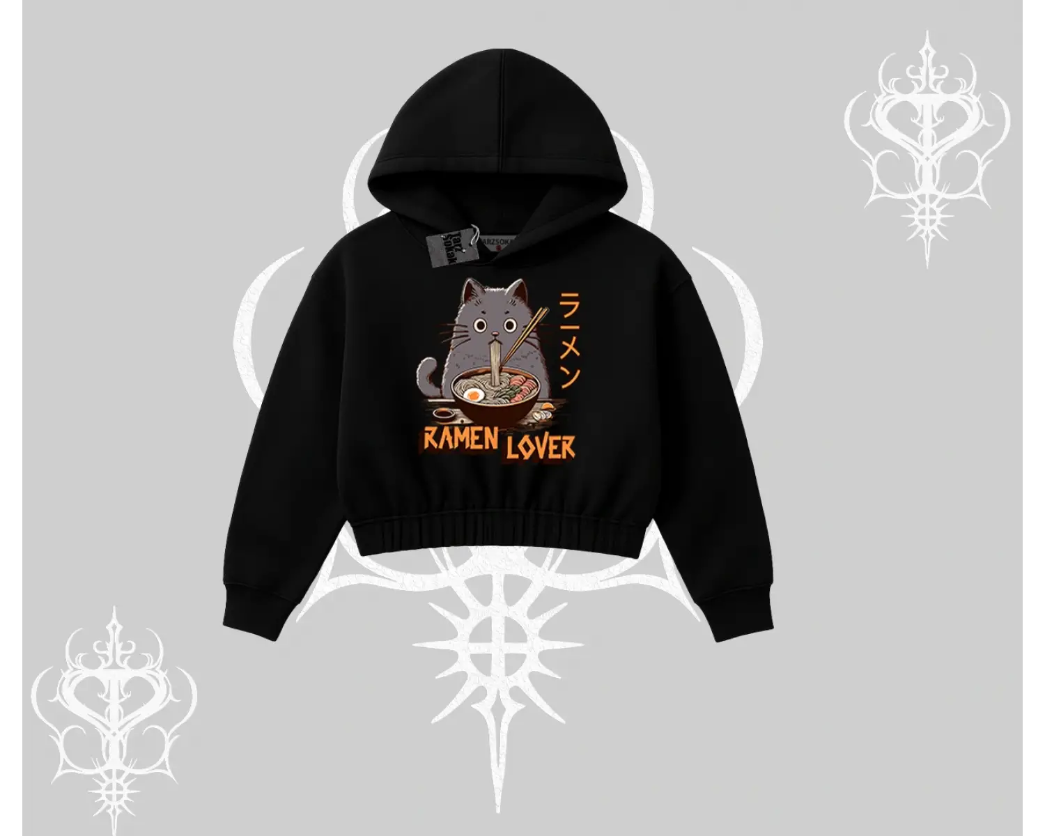 Kapşonlu Crop Sweatshirt Ramen Lover Kedi Anime Baskılı