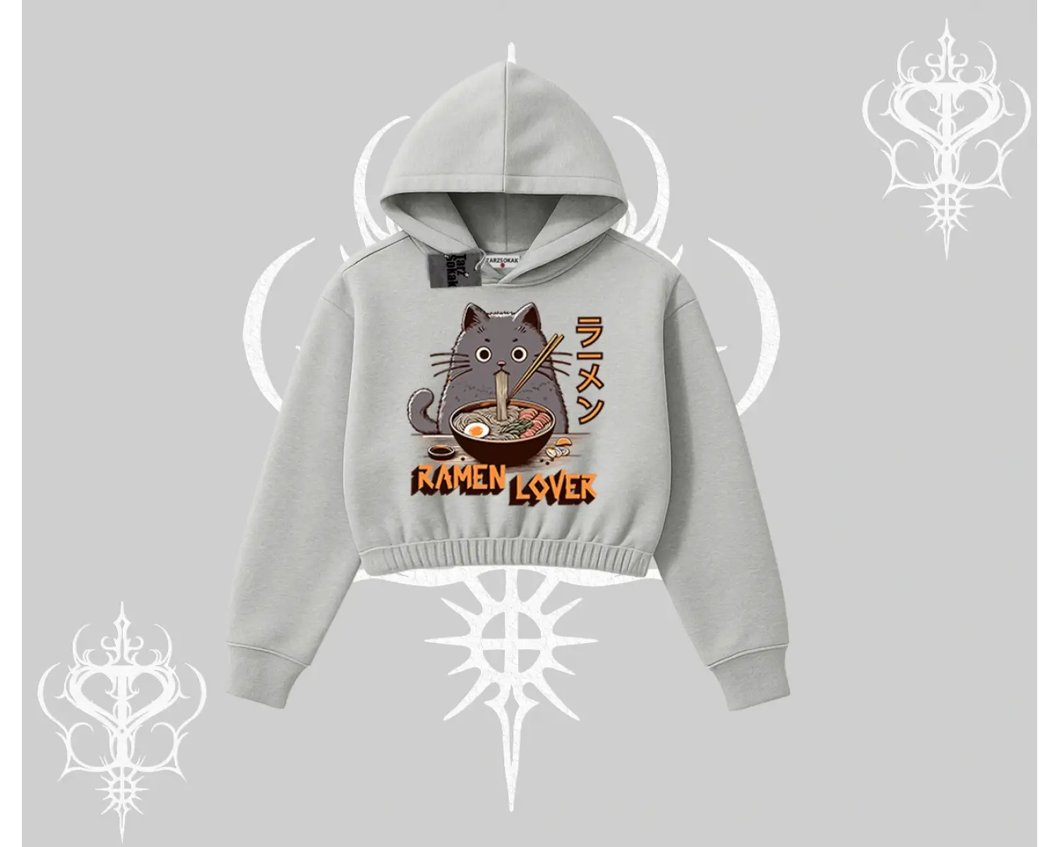 Kapşonlu Crop Sweatshirt Ramen Lover Kedi Anime Baskılı