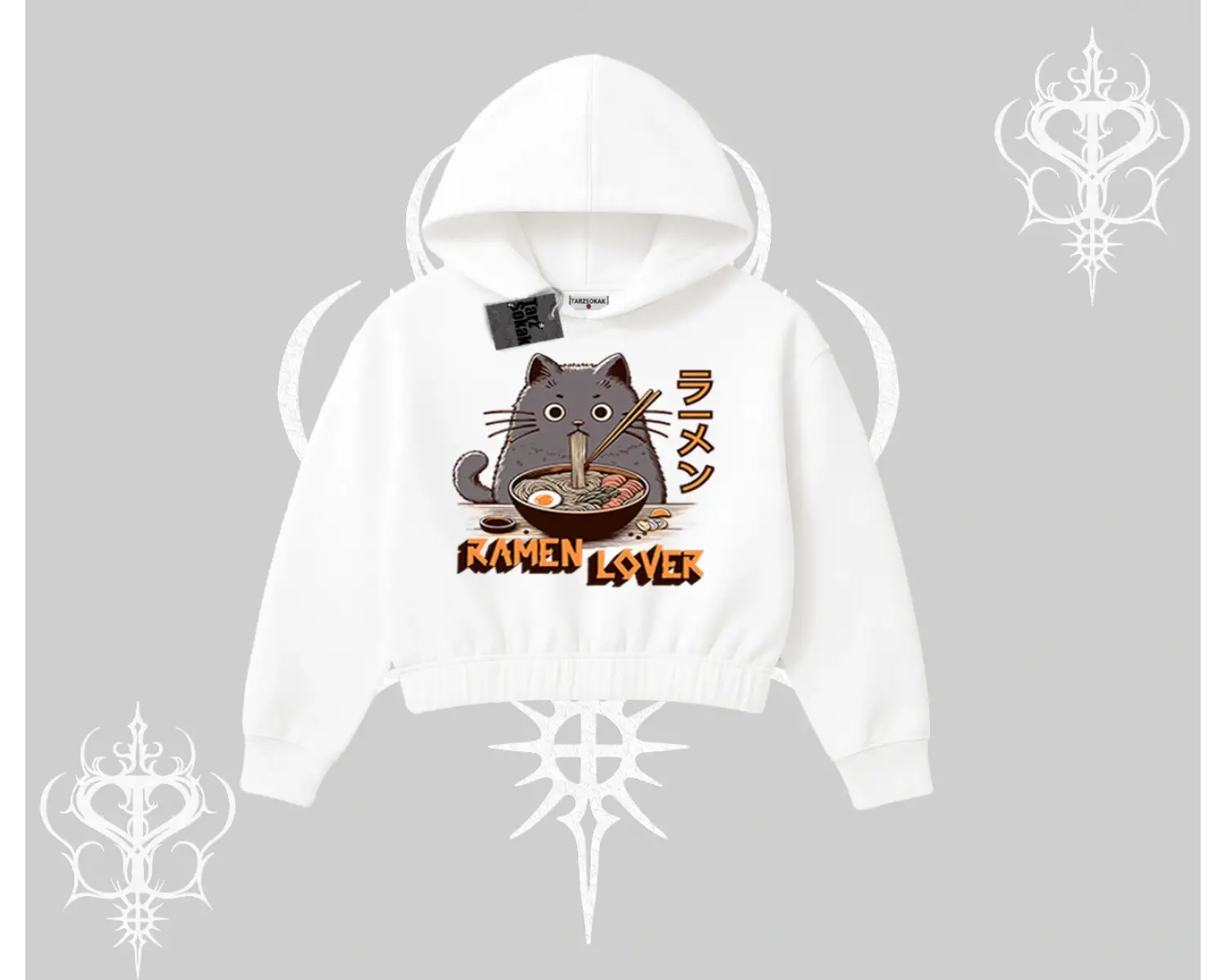 Kapşonlu Crop Sweatshirt Ramen Lover Kedi Anime Baskılı