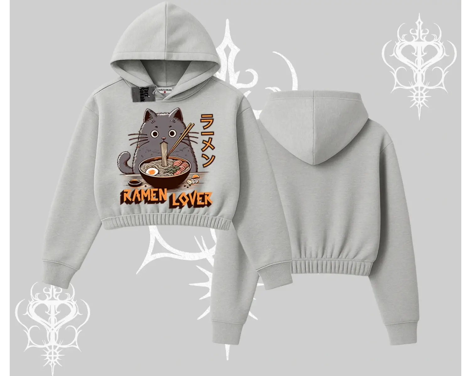 Kapşonlu Crop Sweatshirt Ramen Lover Kedi Anime Baskılı