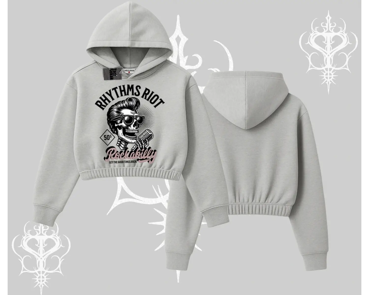 Kapşonlu Crop Sweatshirt Rhythms Riot Vintage Rockabilly Skull Street Aesthetic