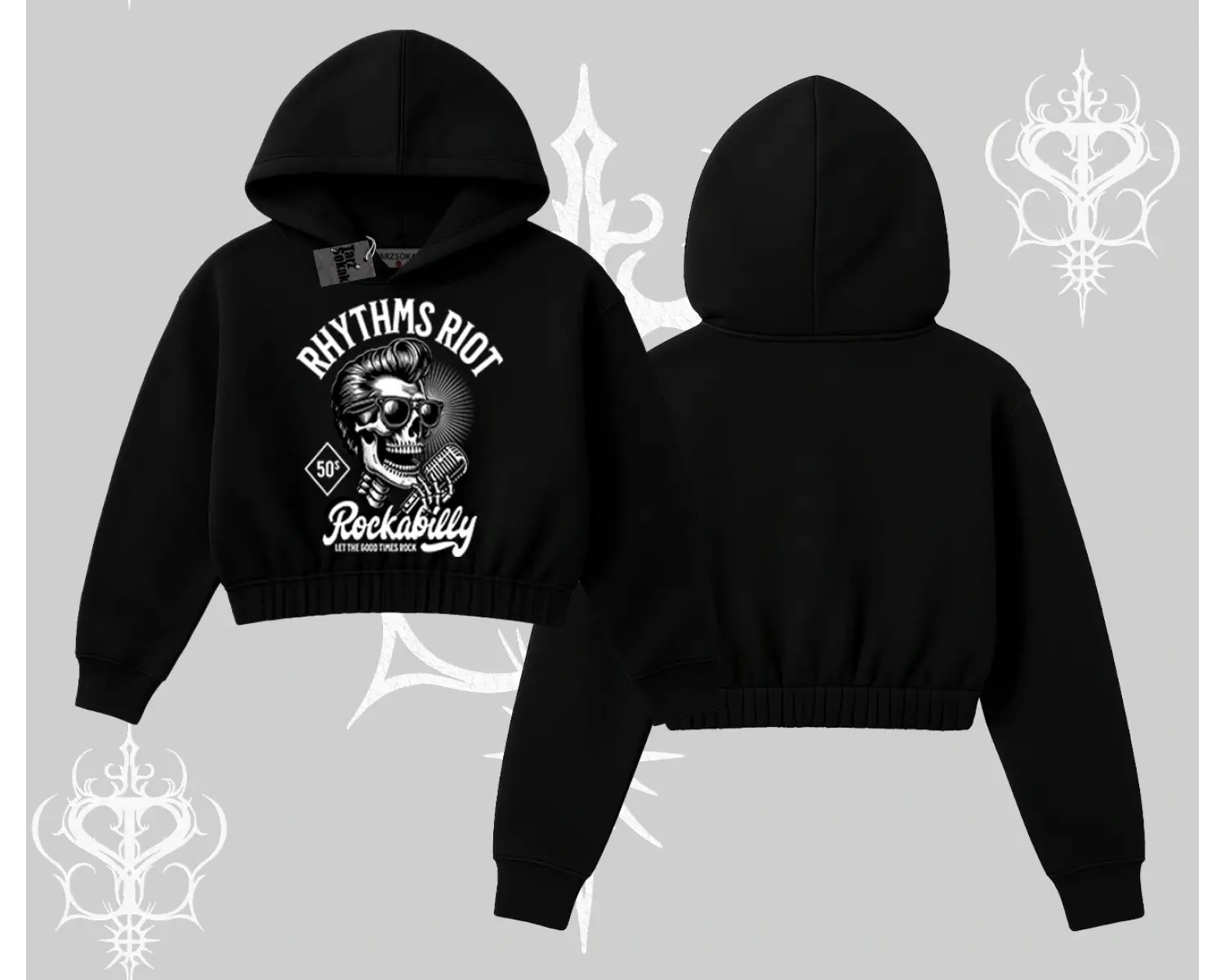 Kapşonlu Crop Sweatshirt Rhythms Riot Vintage Rockabilly Skull Street Aesthetic