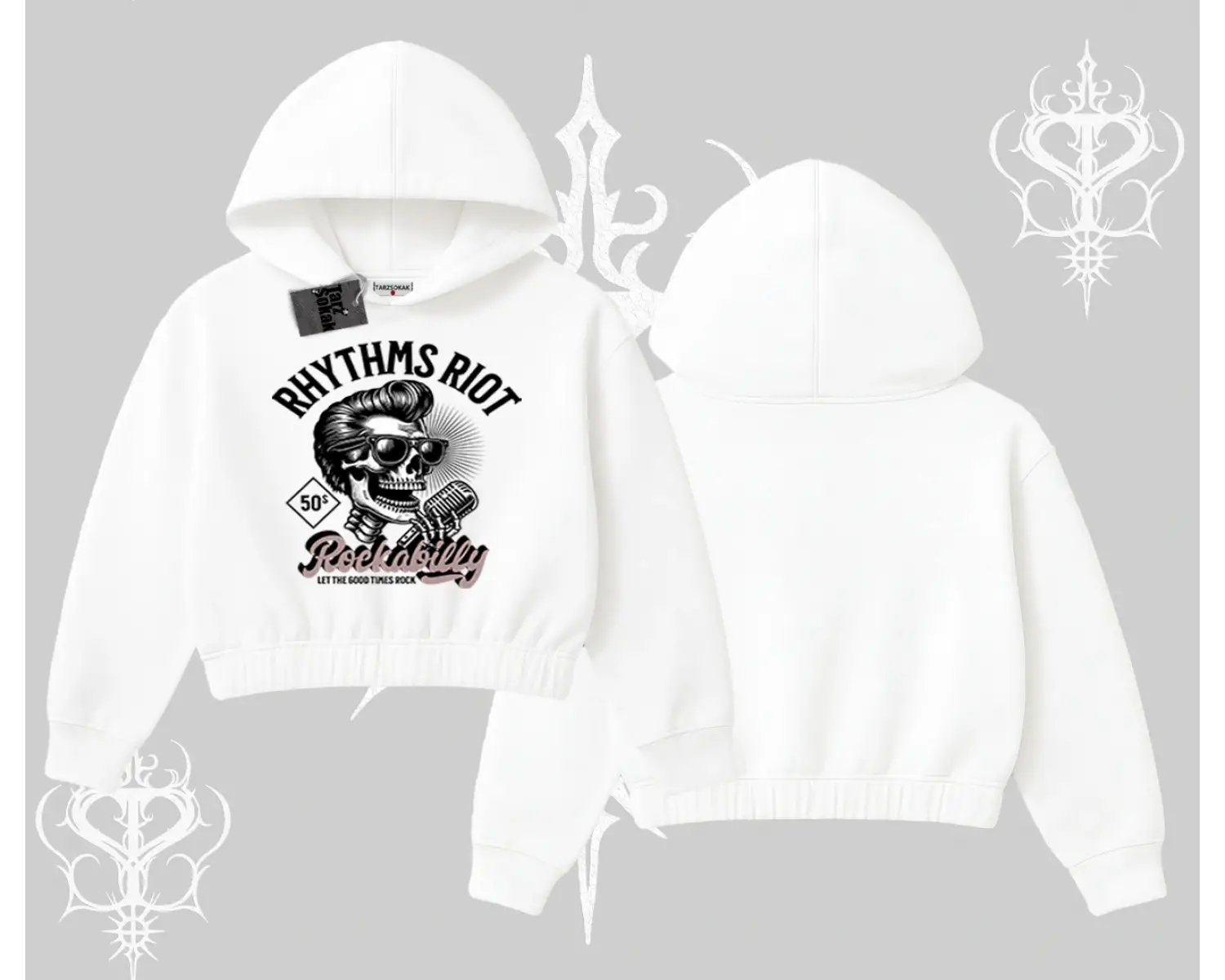 Kapşonlu Crop Sweatshirt Rhythms Riot Vintage Rockabilly Skull Street Aesthetic