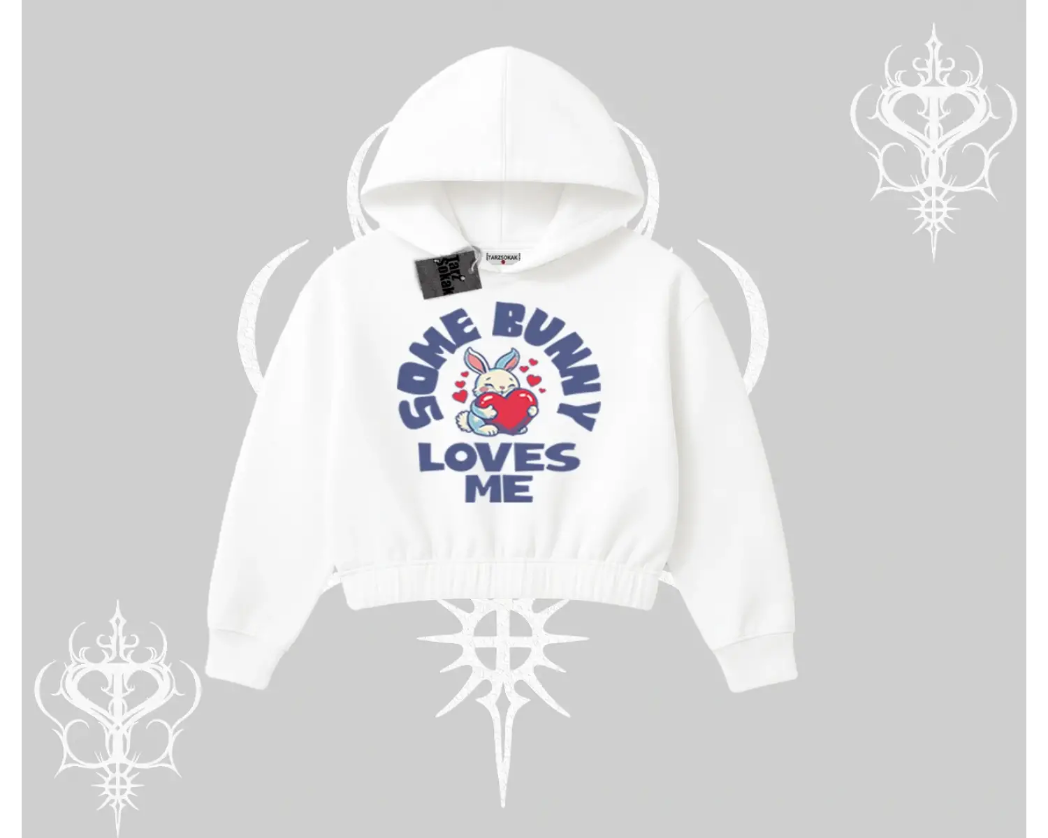 Kapşonlu Crop Sweatshirt Sevimli Tavşan Some Bunny Loves Me Baskılı