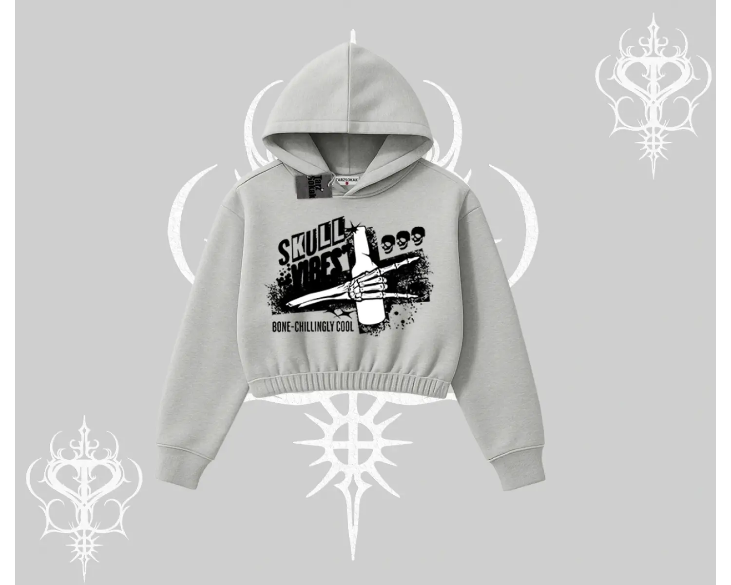 Kapşonlu Crop Sweatshirt Skull Impact Bone Chilling Street Icon