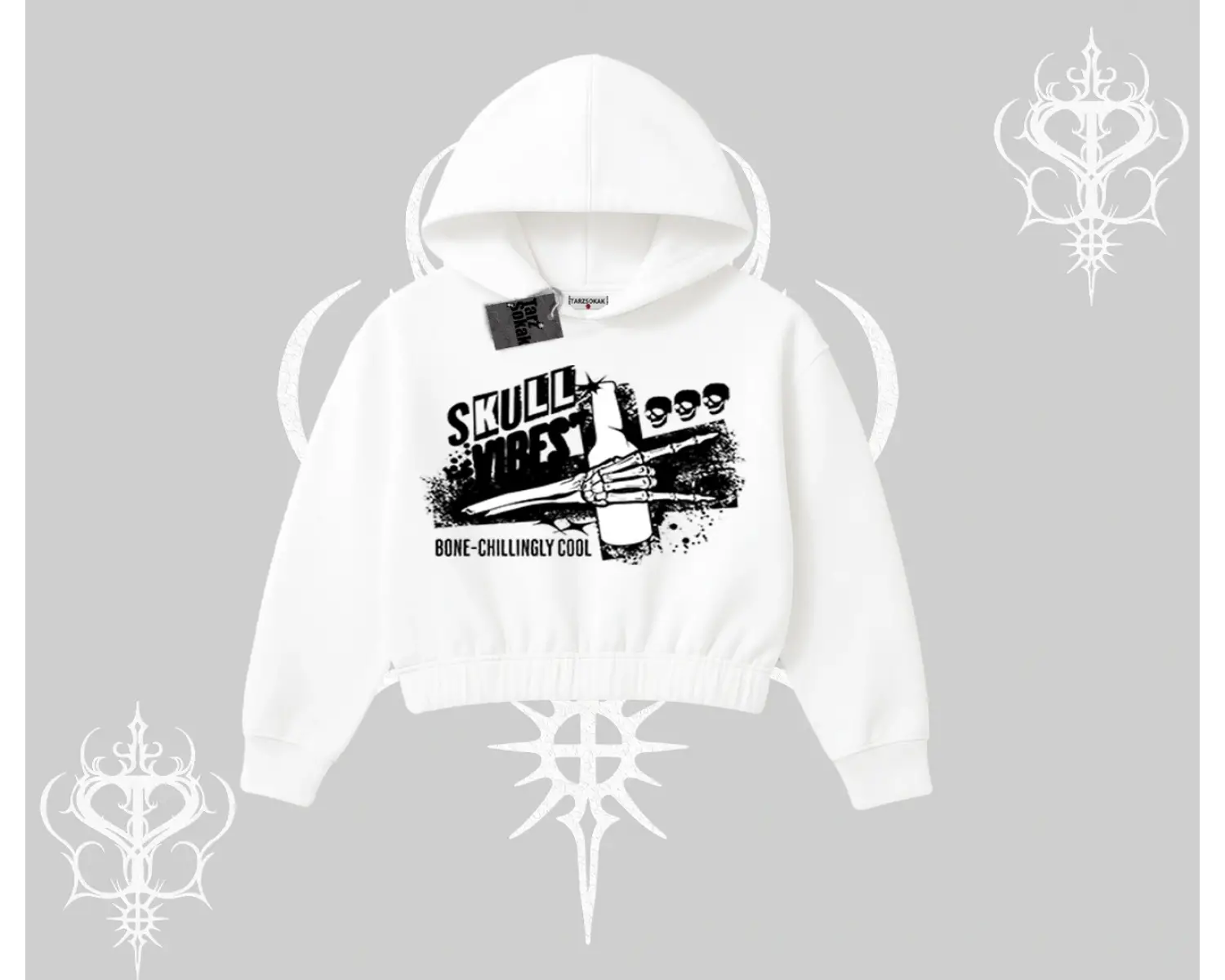 Kapşonlu Crop Sweatshirt Skull Impact Bone Chilling Street Icon