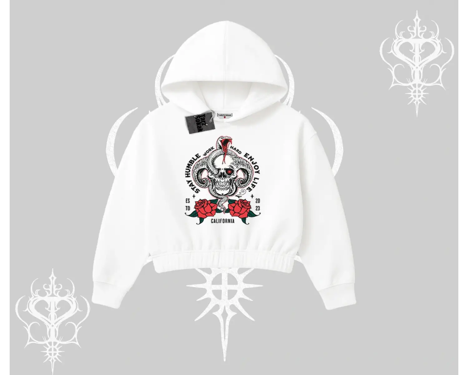 Kapşonlu Crop Sweatshirt Stay Humble Work Hard Enjoy Life