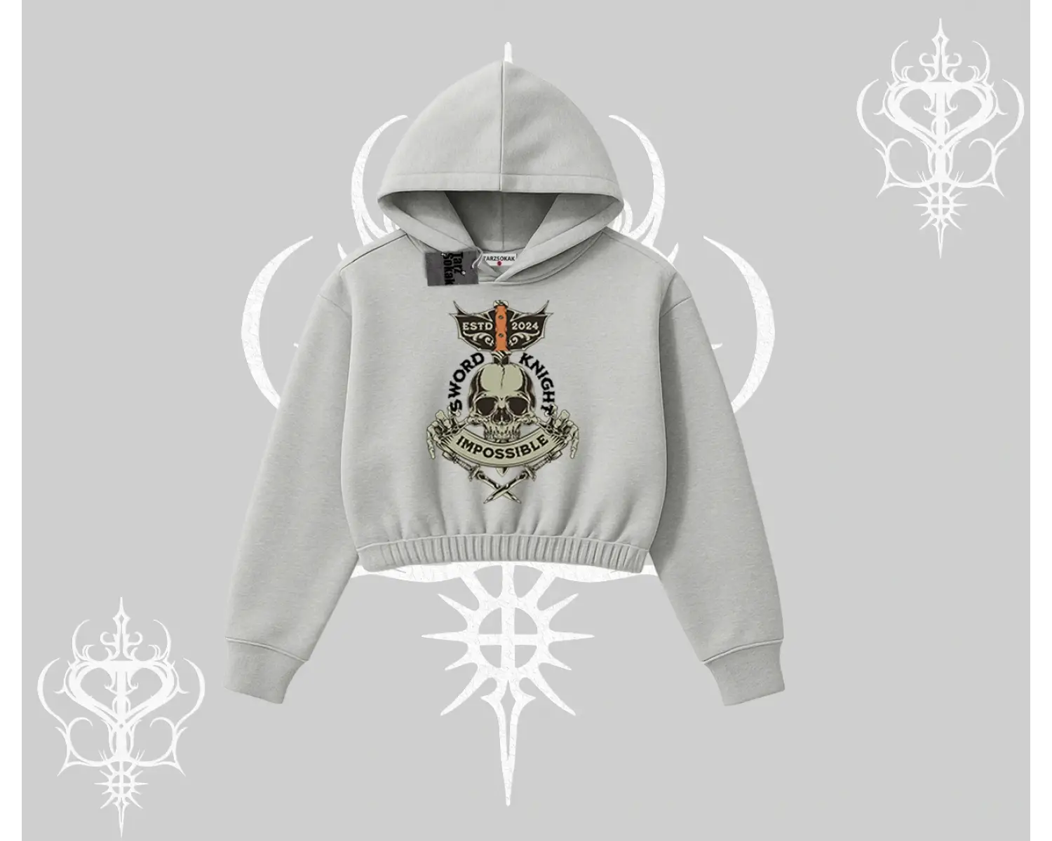 Kapşonlu Crop Sweatshirt Sword Knight Skull Impossible Street Creed