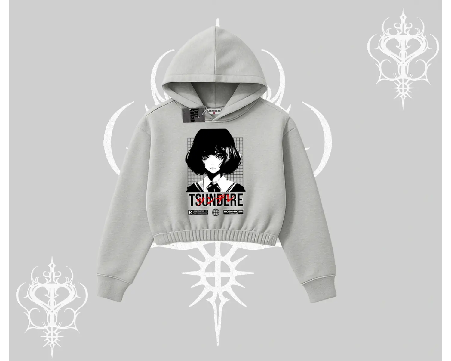 Kapşonlu Crop Sweatshirt Tsundere Anime Japanese Style Baskılı