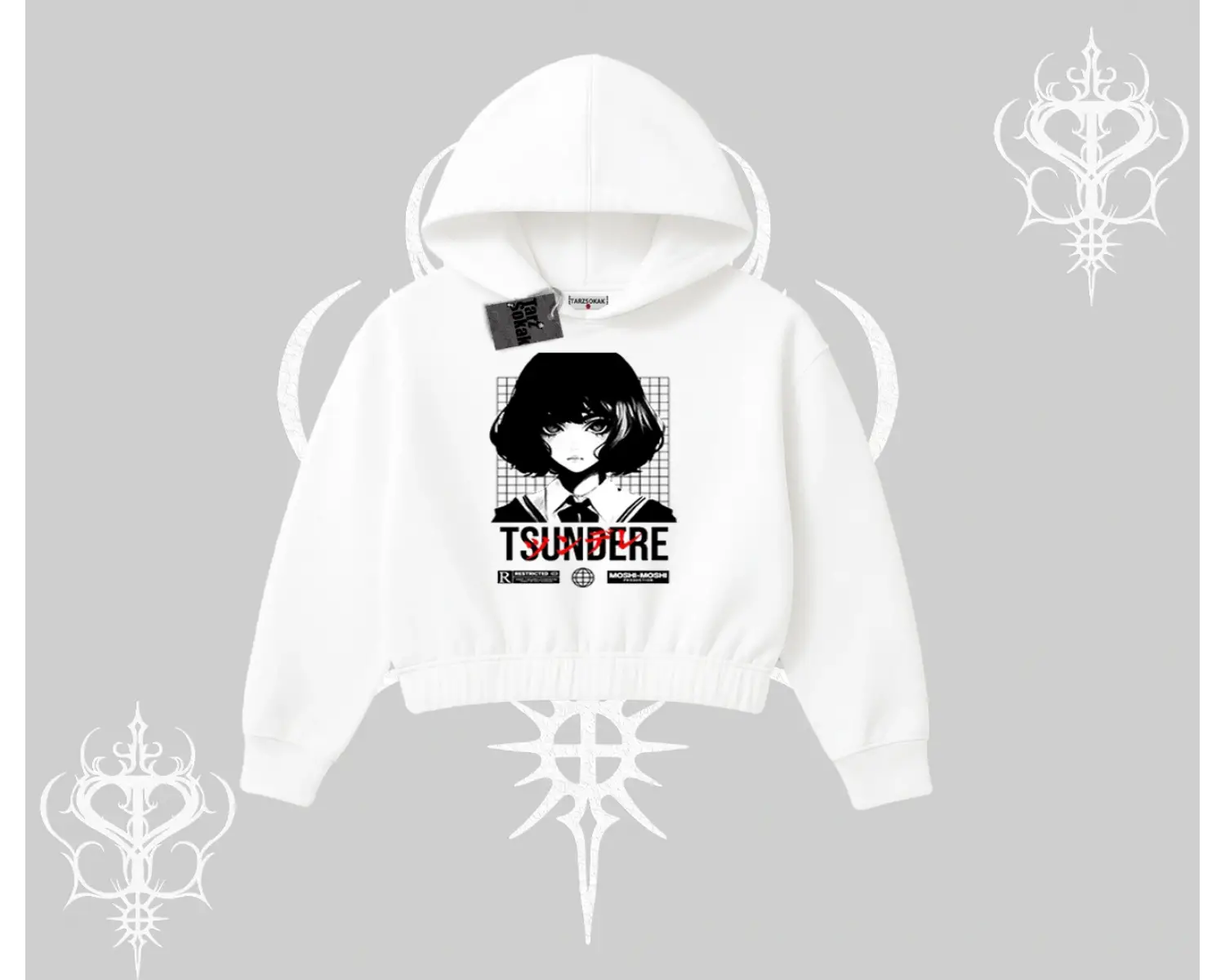 Kapşonlu Crop Sweatshirt Tsundere Anime Japanese Style Baskılı