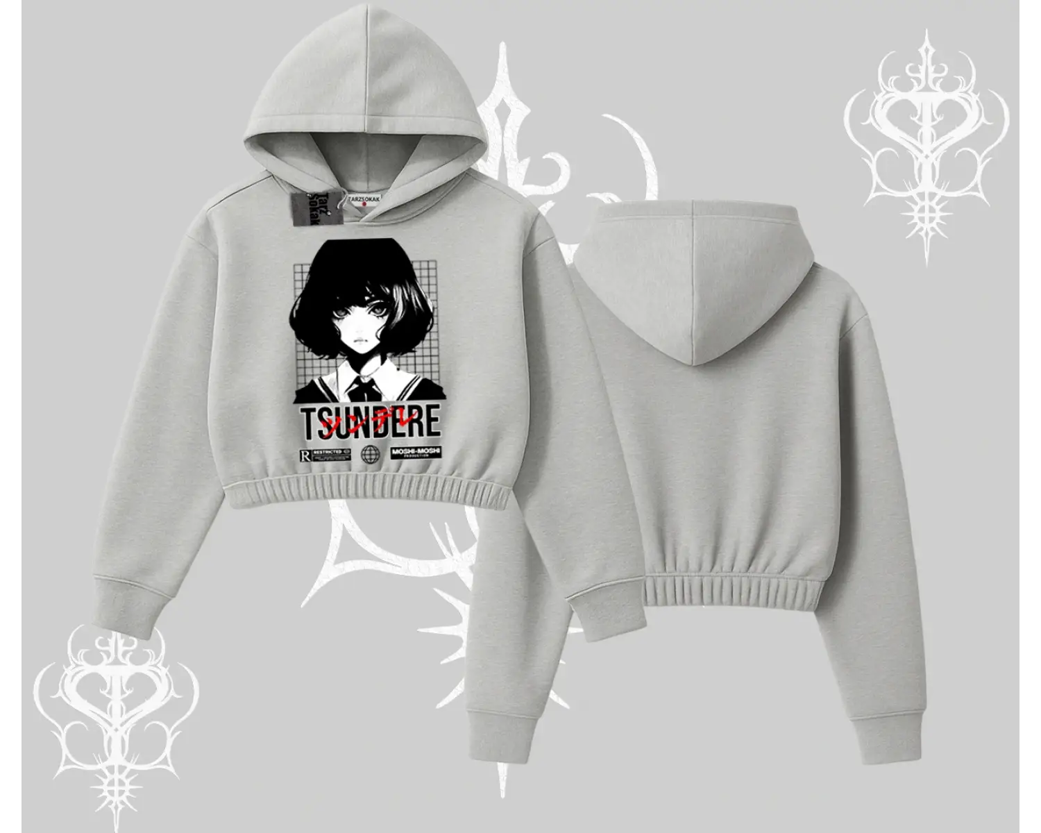 Kapşonlu Crop Sweatshirt Tsundere Anime Japanese Style Baskılı