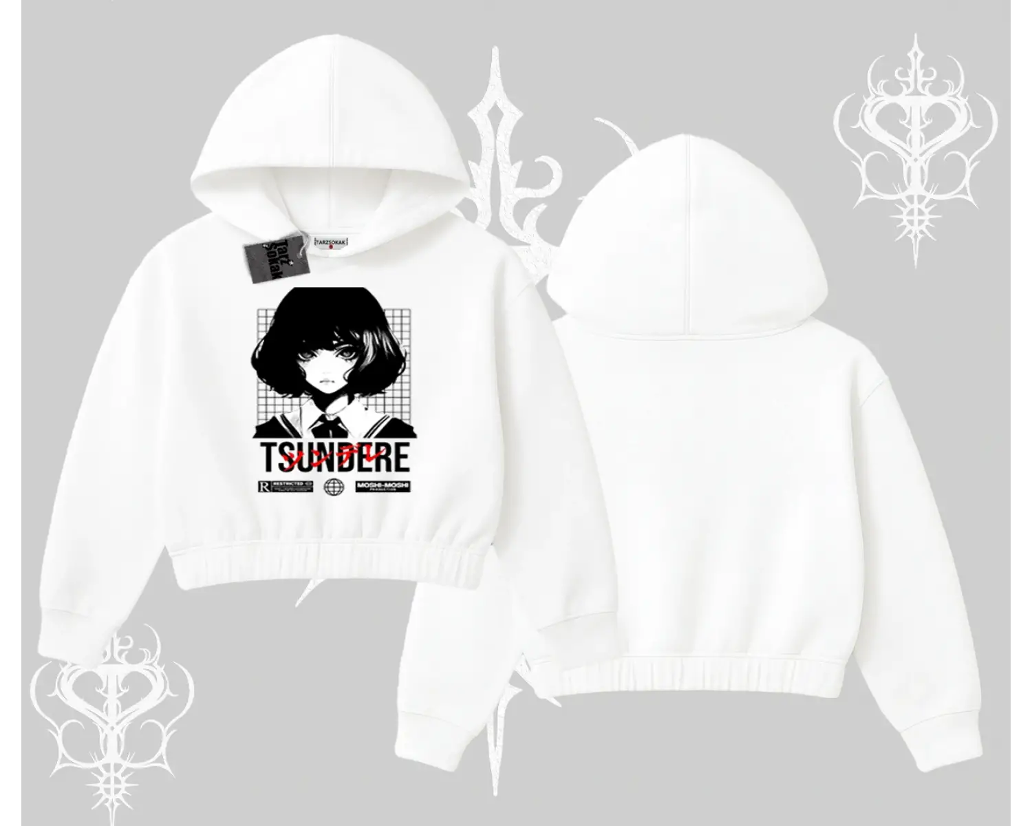 Kapşonlu Crop Sweatshirt Tsundere Anime Japanese Style Baskılı