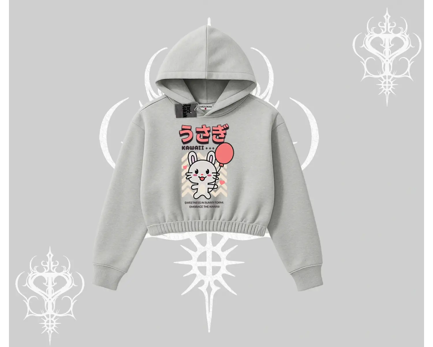 Kapşonlu Crop Sweatshirt Usagi Kawaii Cute Heart Energy