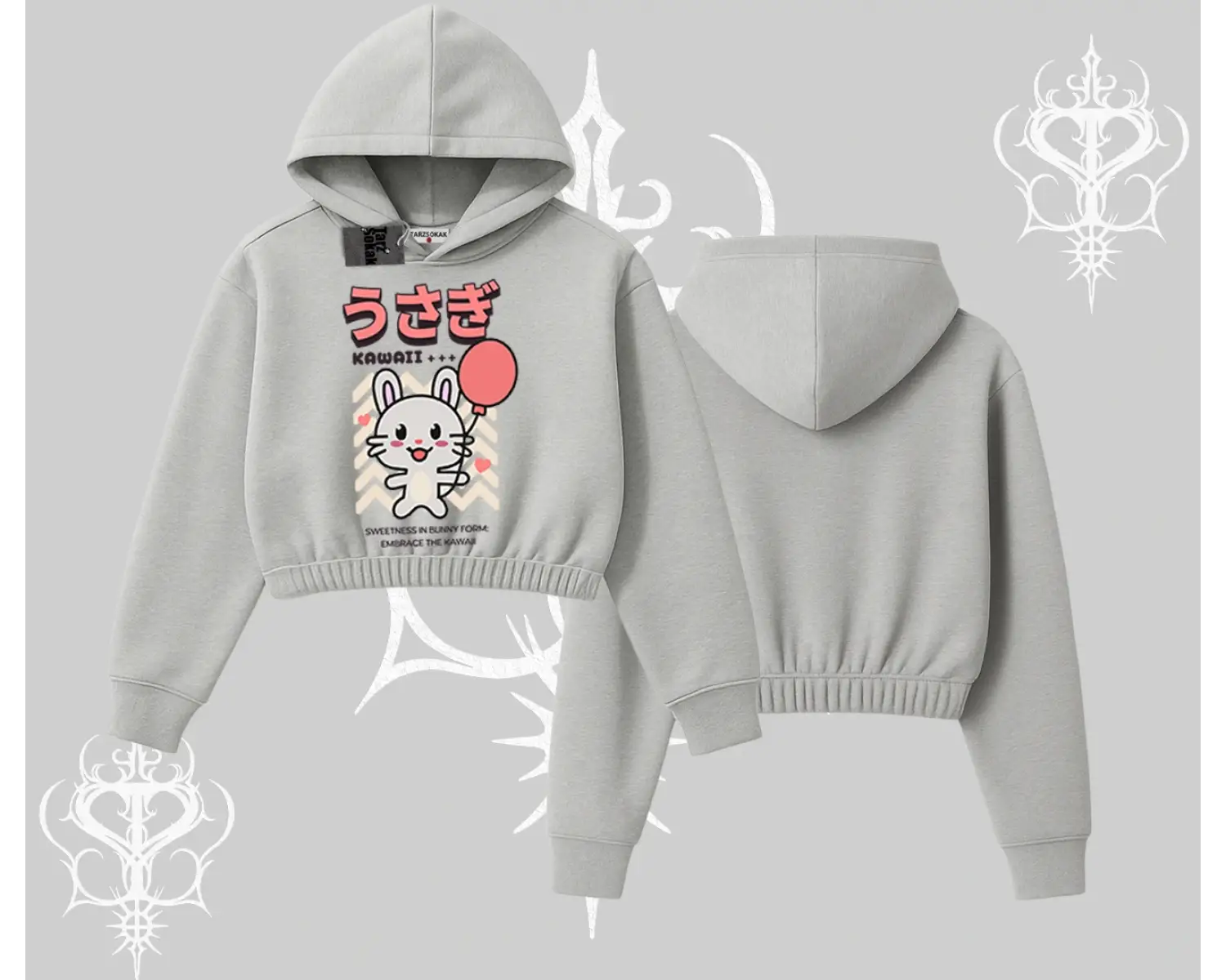 Kapşonlu Crop Sweatshirt Usagi Kawaii Cute Heart Energy