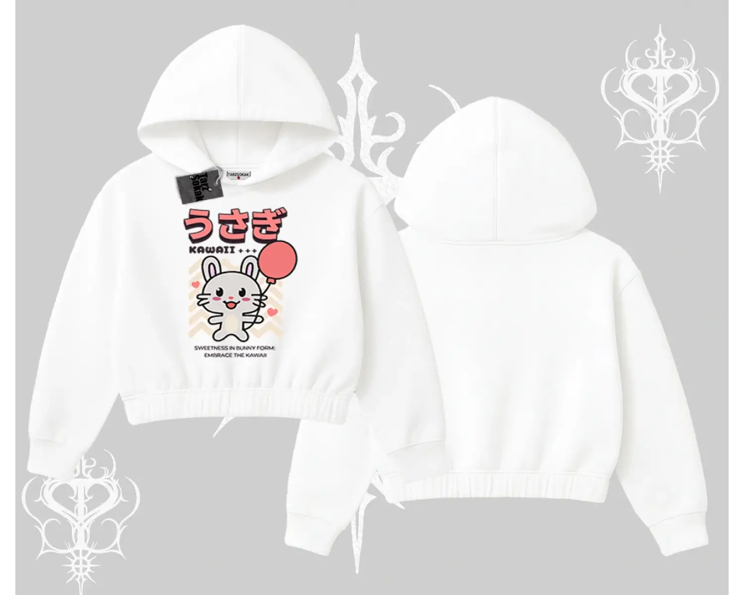 Kapşonlu Crop Sweatshirt Usagi Kawaii Cute Heart Energy