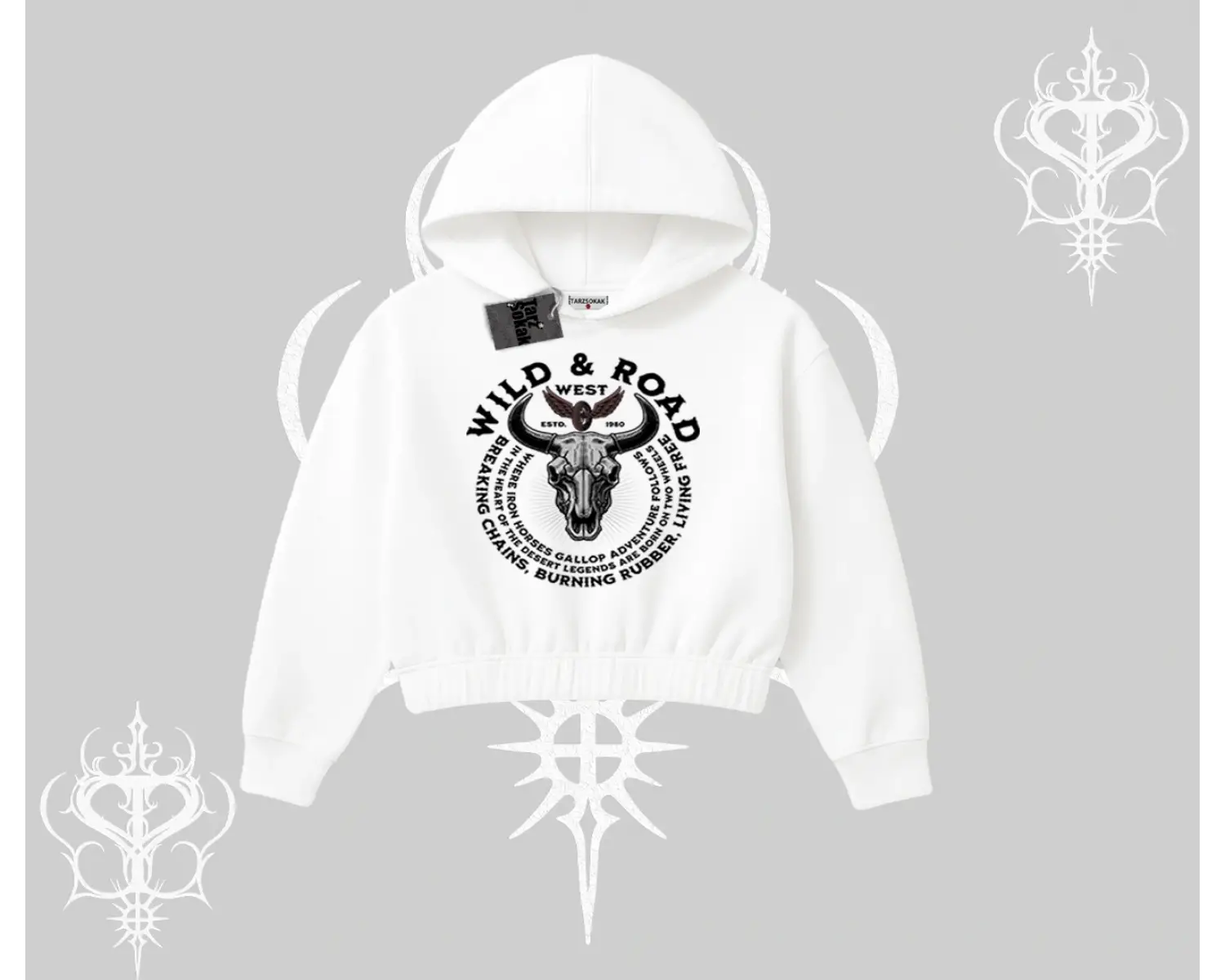 Kapşonlu Crop Sweatshirt Wild & Road Western Skull Biker Street Culture