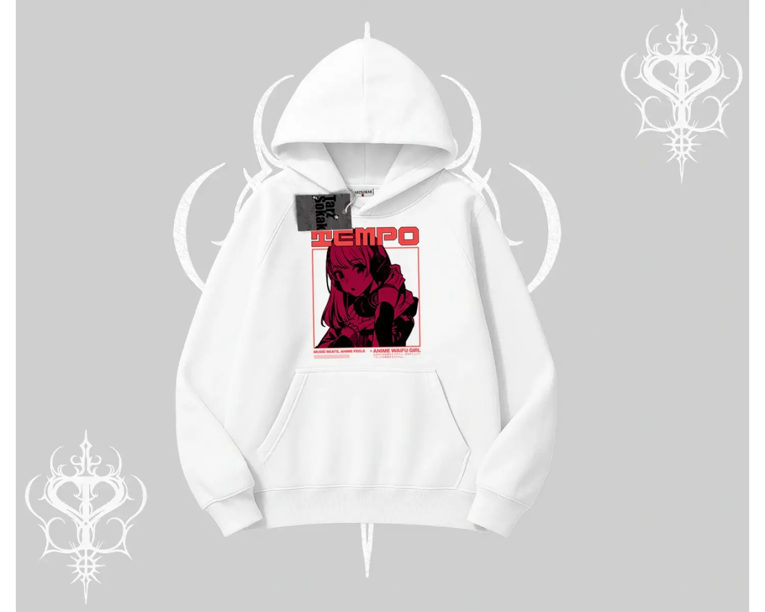 Kapşonlu Sweatshirt Anime Waifu Kırmızı Grafik Desenli