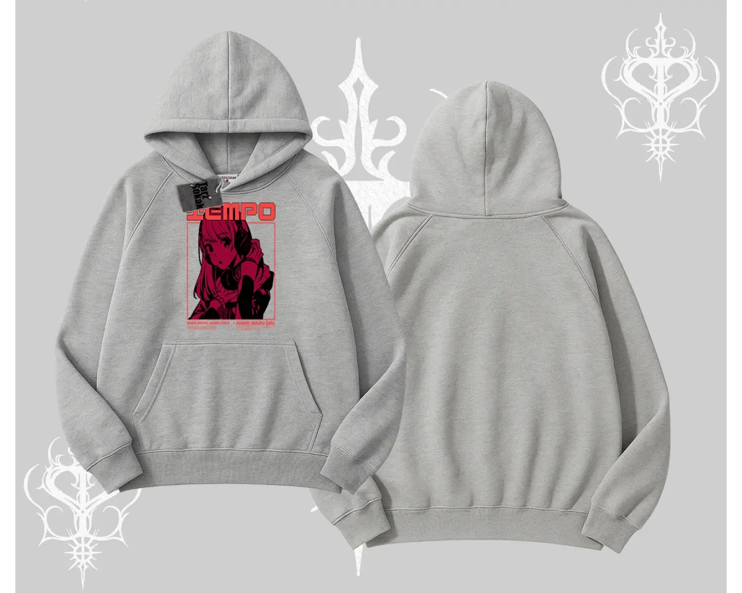 Kapşonlu Sweatshirt Anime Waifu Kırmızı Grafik Desenli