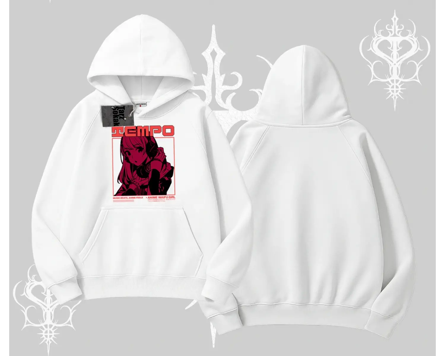 Kapşonlu Sweatshirt Anime Waifu Kırmızı Grafik Desenli